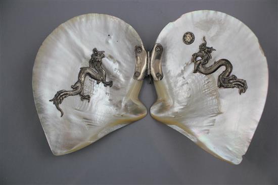 A Chinese silver mounted mother of pearl shell, early 20th century, 25.5cm